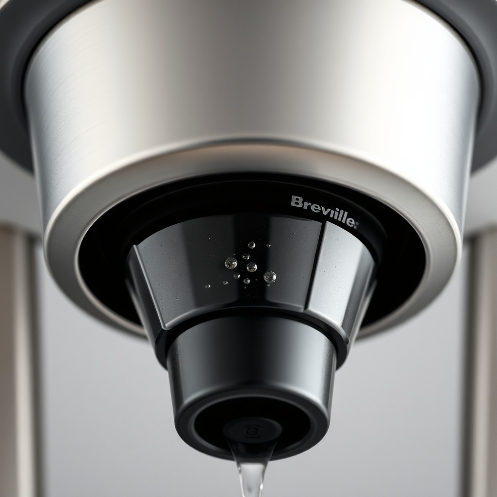 A photorealistic close-up of a Breville Barista Express Impress group head