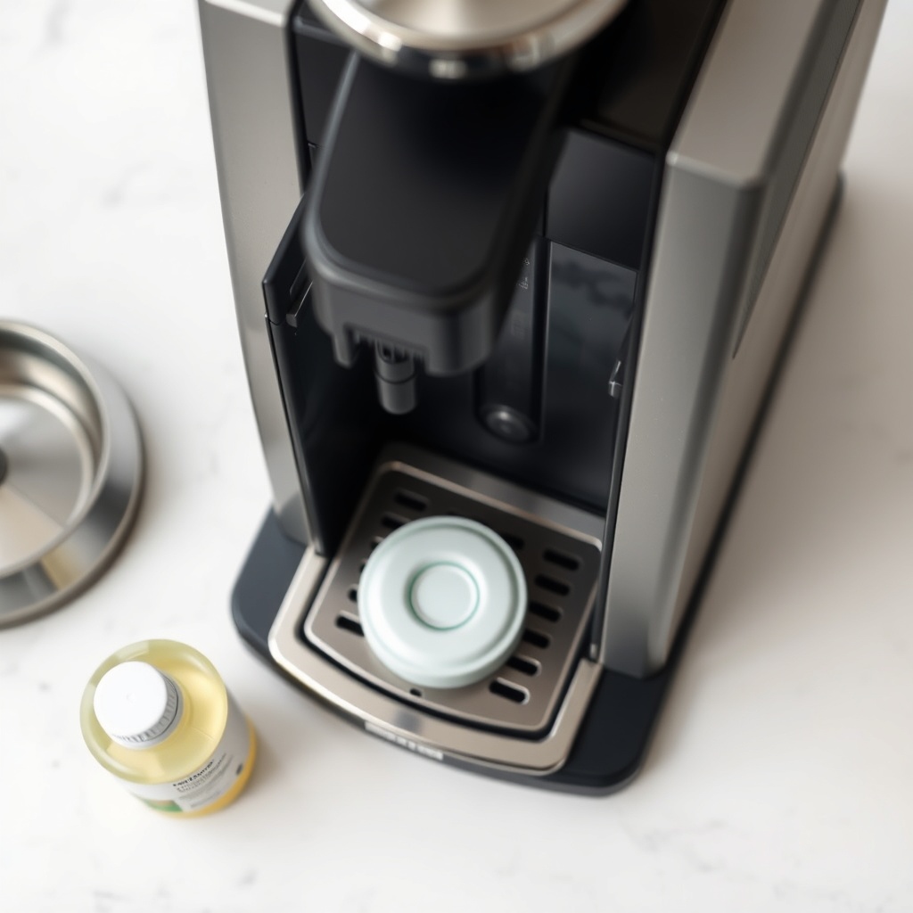 A photorealistic top-down shot of a Breville Barista Express Impress with the water tank r