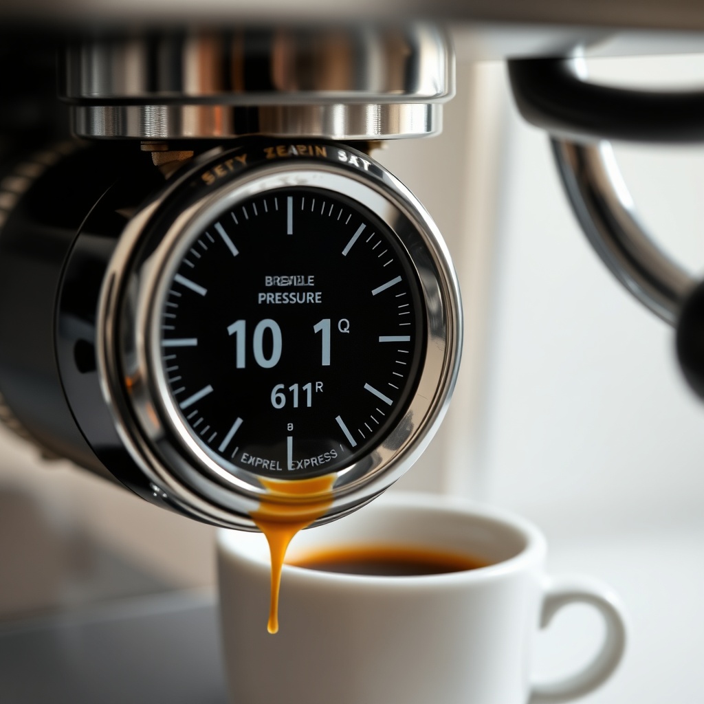 A clean photorealistic close-up of the Breville Barista Express Impress pressure gauge sho
