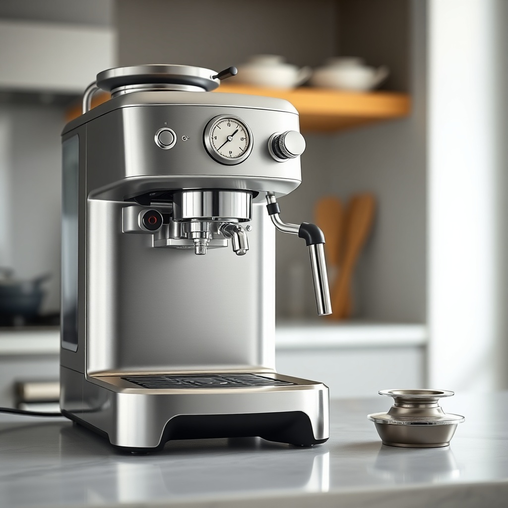 A clean photorealistic shot of the Breville Barista Express Impress on a kitchen counterto