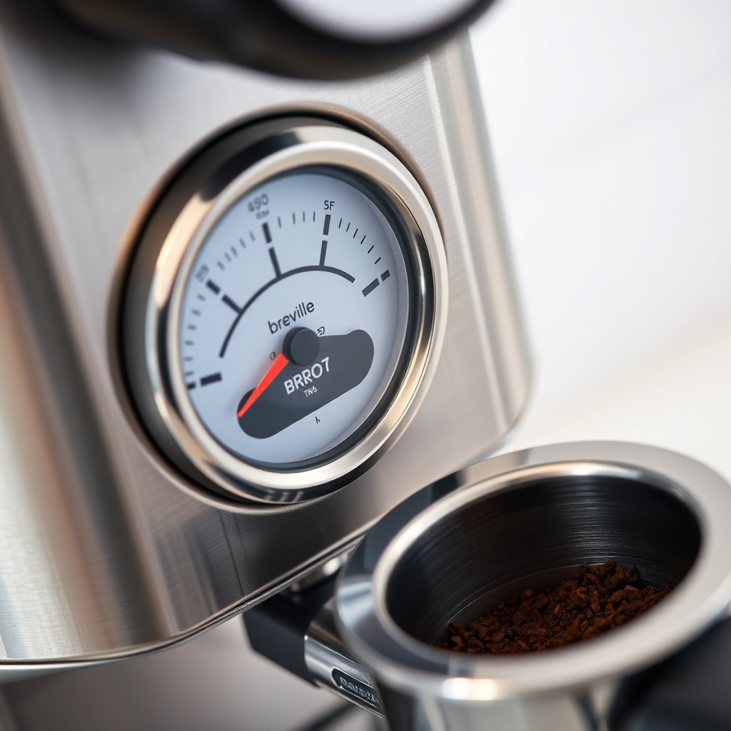 A clean photorealistic close-up of the pressure gauge on the Breville Barista Express Impr