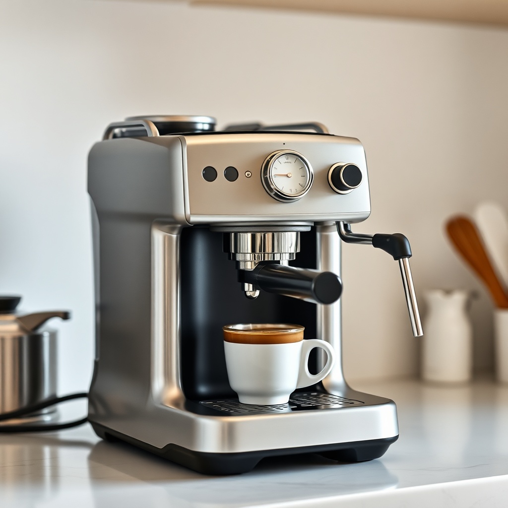 A clean photorealistic photo of a Breville Barista Express Impress sitting on a countertop