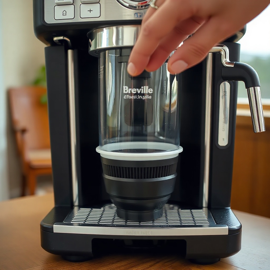 A clean photorealistic photo showing the Breville Barista Express Impress water tank being