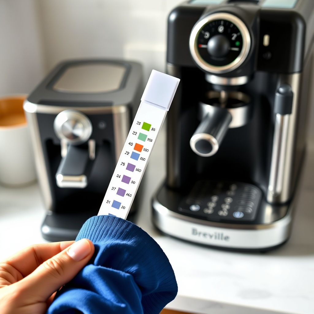 <photo of a person holding a water hardness test strip next to a Breville Barista Express