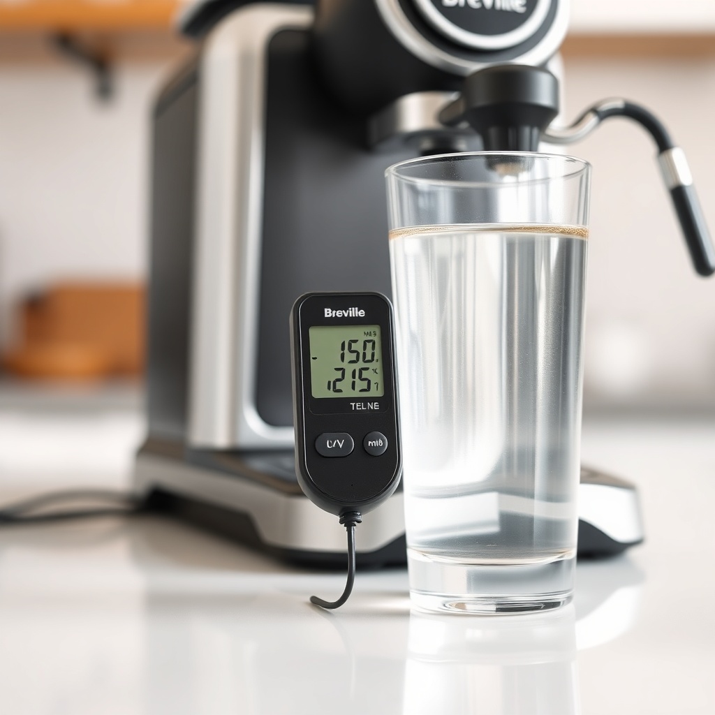 <photo of a digital TDS meter submerged in a glass of water beside a Breville Barista Expr