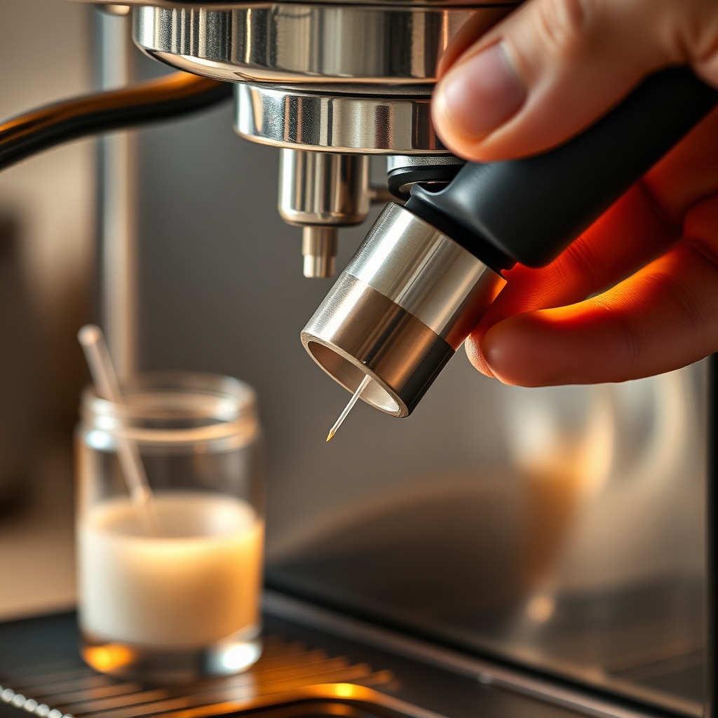 A close-up photo of a coffee machine's stainless steel steam wand tip being unscrewed by h