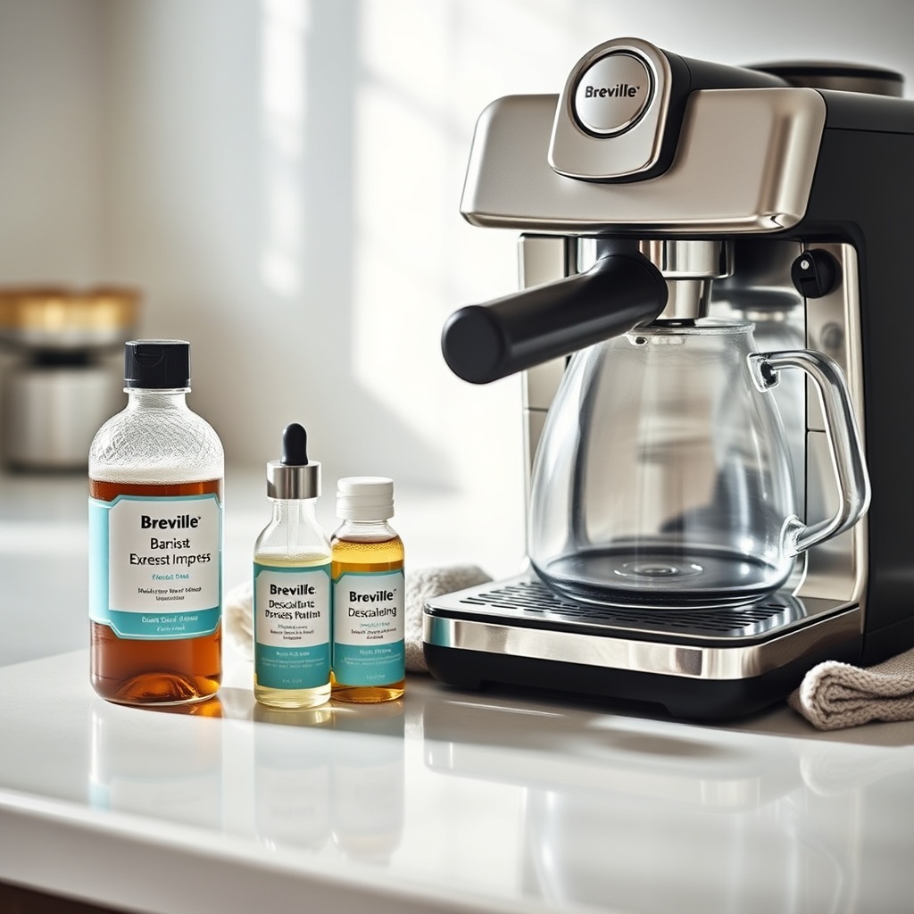 A clean countertop showing a Breville Barista Express Impress next to a small bottle of Br