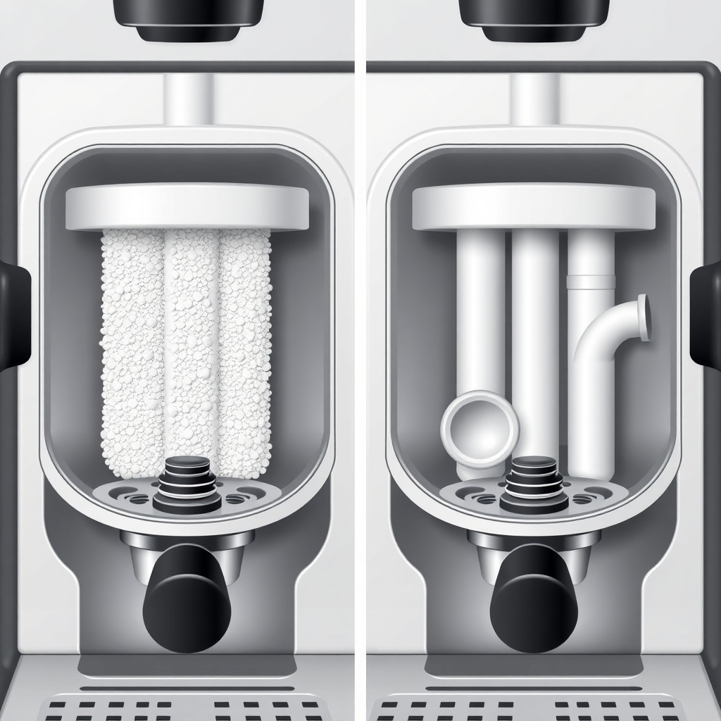 A side-by-side comparison illustration showing a cross-section of an espresso machine boil