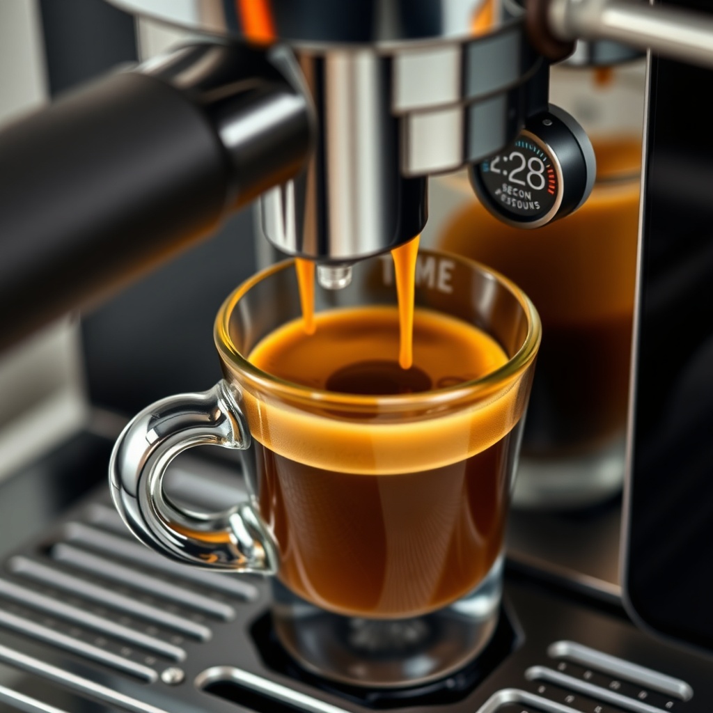 A photorealistic close-up of a dual spout portafilter dispensing golden brown espresso int