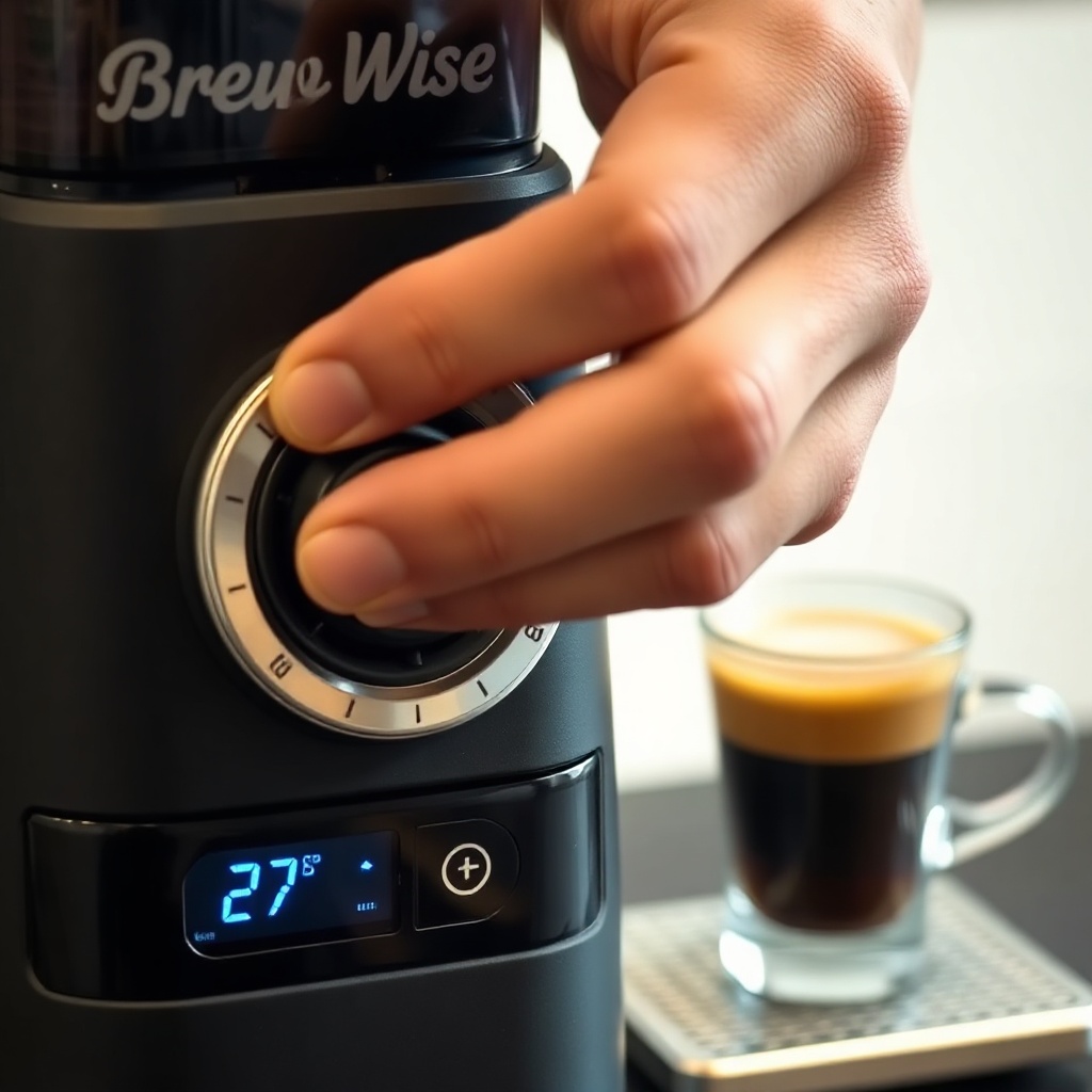 A photorealistic close-up of a barista's hand adjusting the grind setting on a BrewWise Th