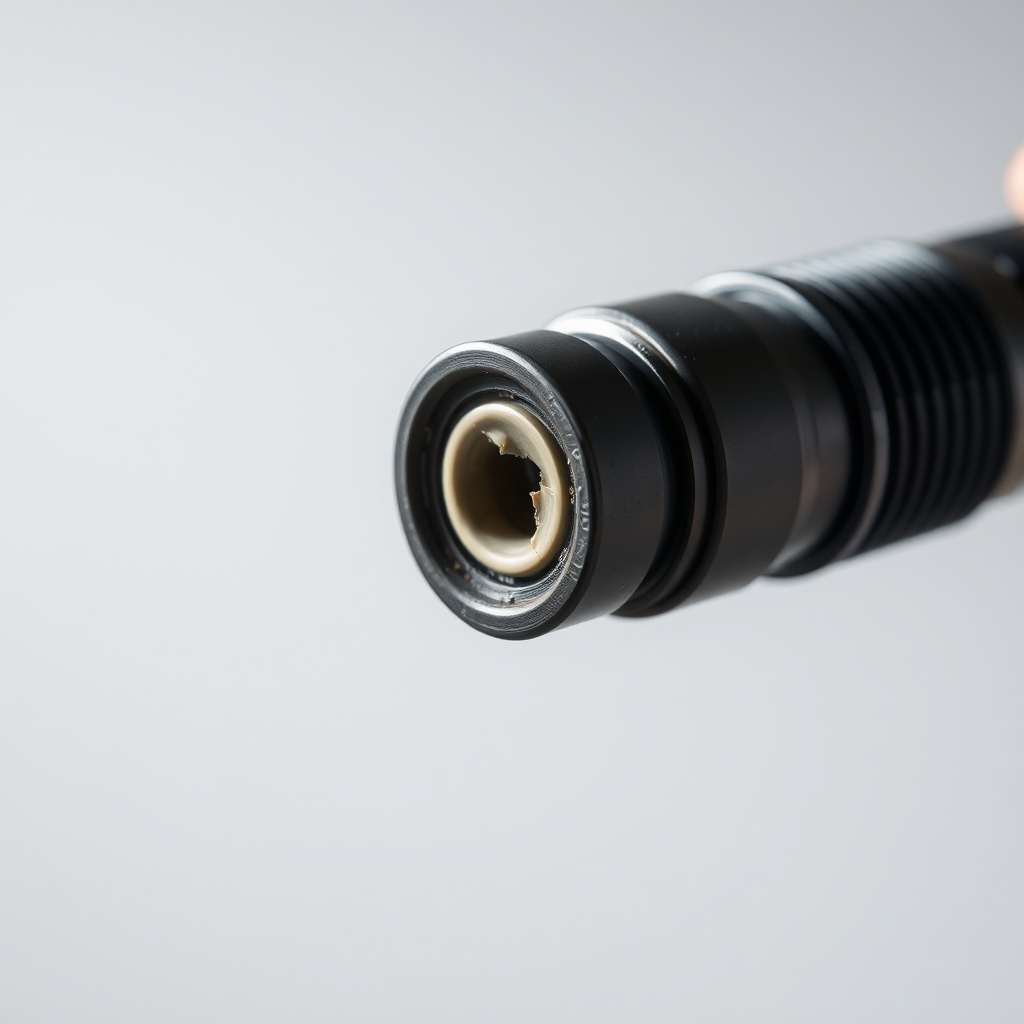 <clean photorealistic photo of a steam wand tip with a cracked rubber gasket being inspect