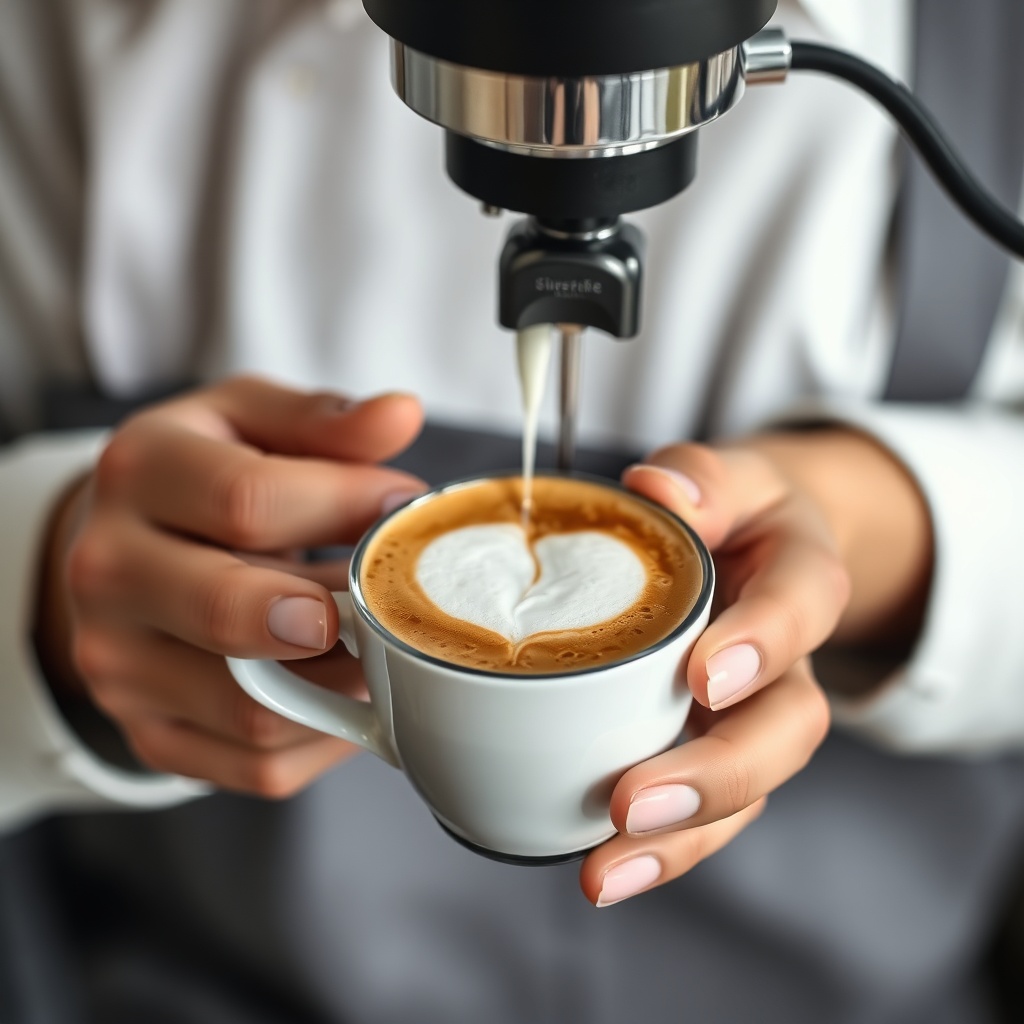 <clean photorealistic photo of a home barista holding a cup with well-textured microfoam