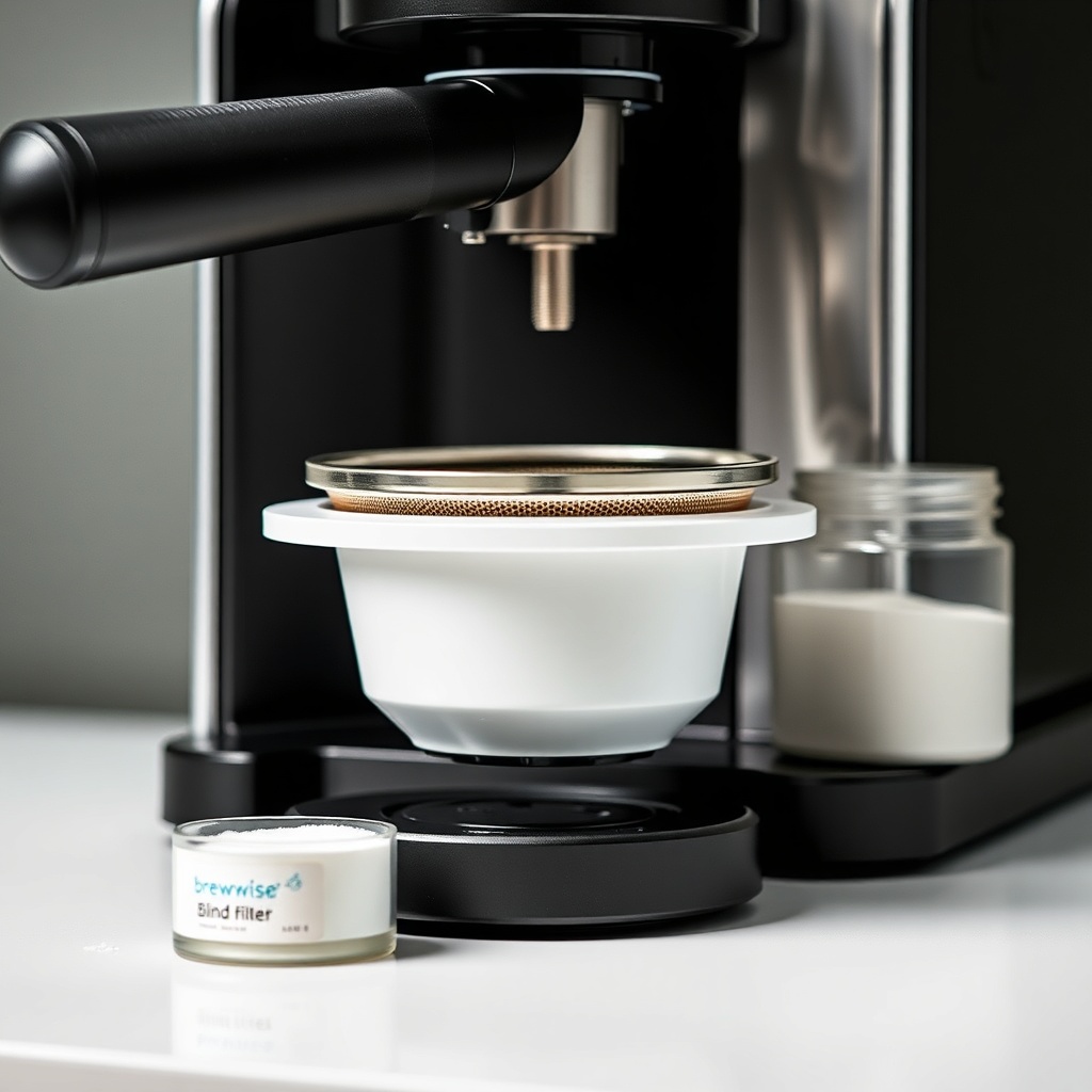clean photorealistic photo of BrewWise Thermoblock portafilter with blind basket inserted