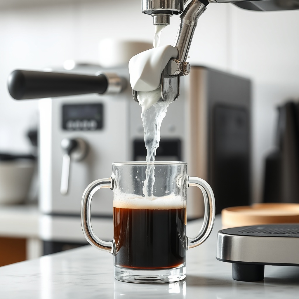 clean photorealistic photo showing backflush in progress — water and foam exiting group he