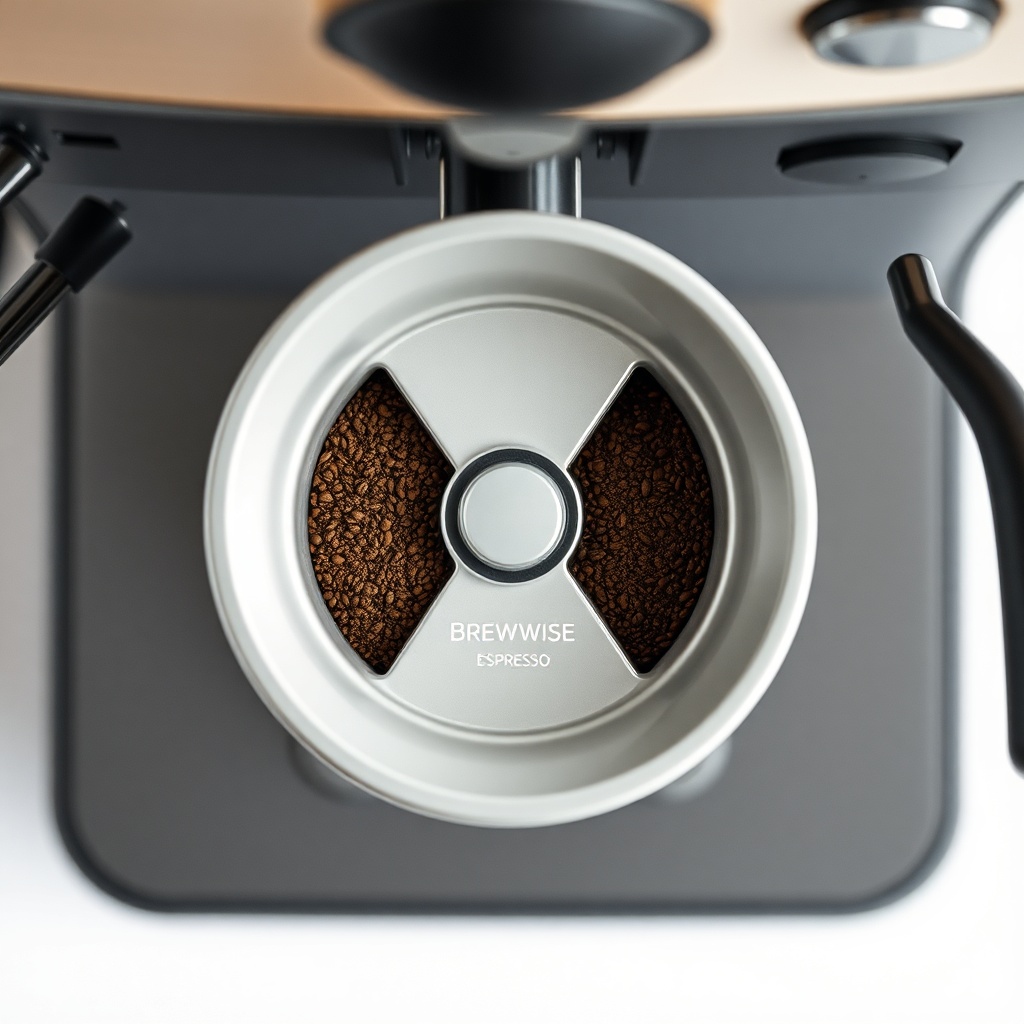 A clean photorealistic overhead shot of a BrewWise Thermoblock espresso machine with a dos