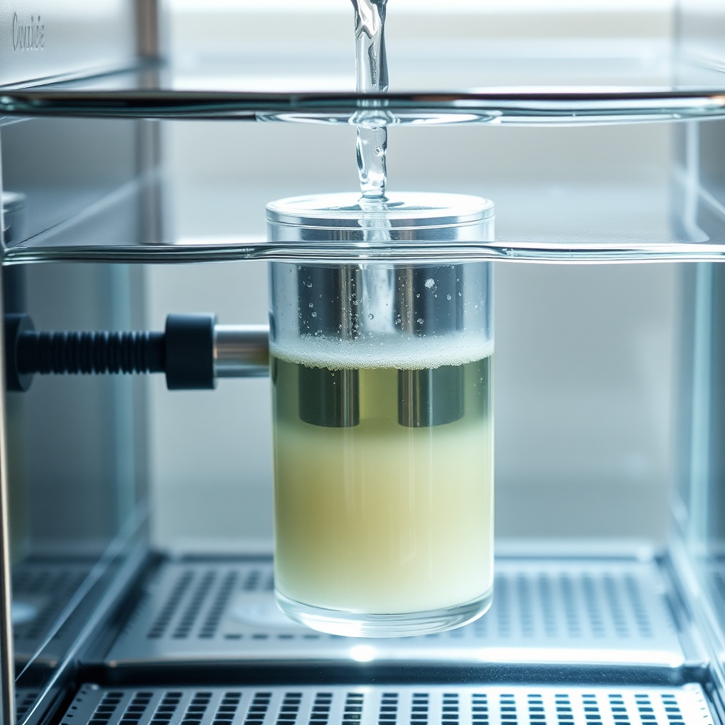 <clean photorealistic photo/illustration of a BrewWise Thermoblock being flushed with desc