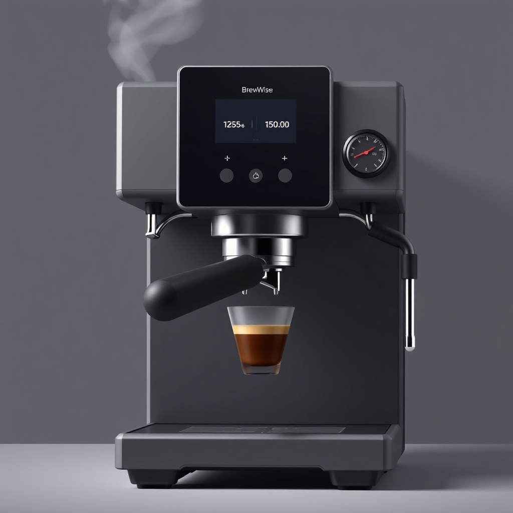 <clean photorealistic photo/illustration of a BrewWise Thermoblock espresso machine with a