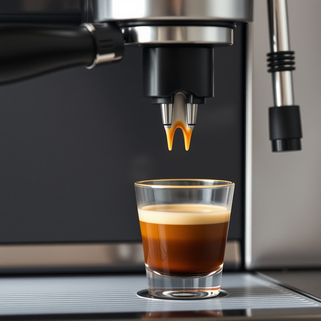 <clean photorealistic photo/illustration of a BrewWise Thermoblock delivering a ristretto