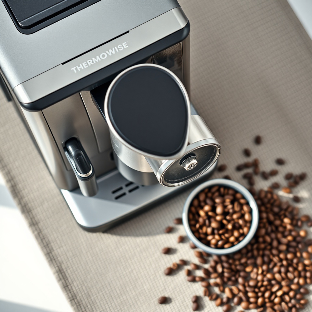 A photorealistic overhead photo of a BrewWise Thermoblock machine with a stainless steel c