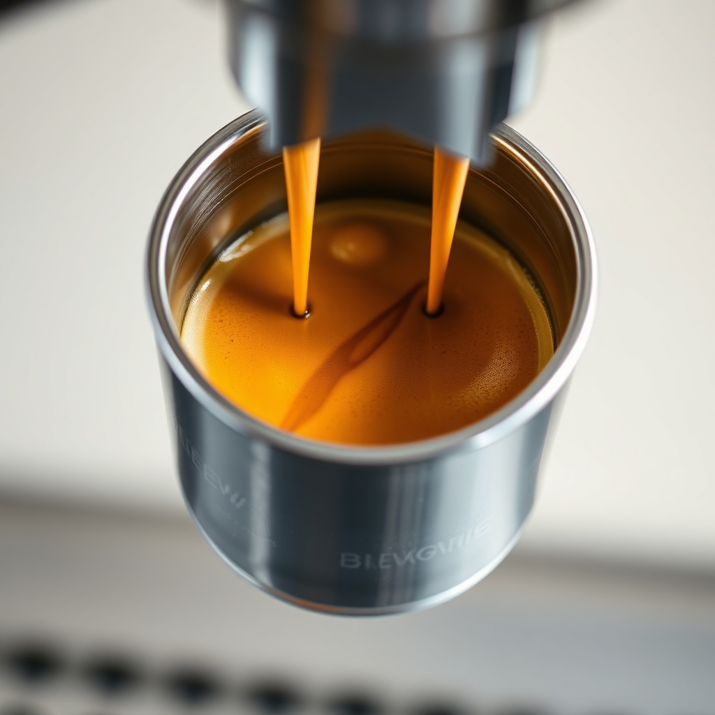 A photorealistic close-up of espresso extracting from a BrewWise Thermoblock portafilter s