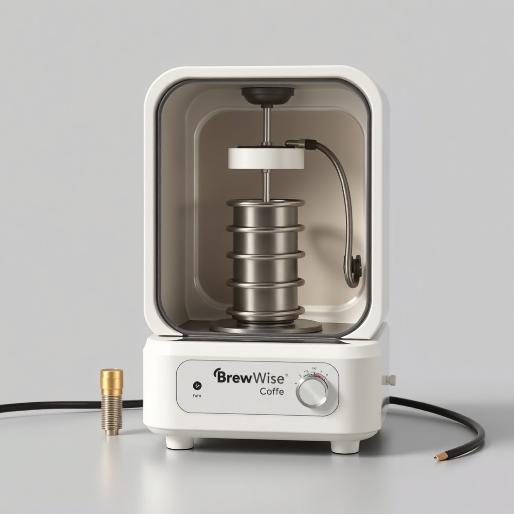 <clean photorealistic photo/illustration showing an opened BrewWise thermoblock unit with