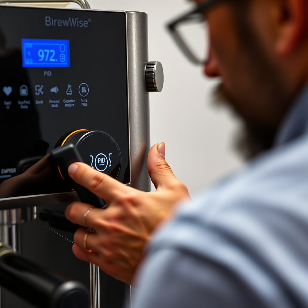 <clean photorealistic photo/illustration showing a coffee enthusiast adjusting a digital P