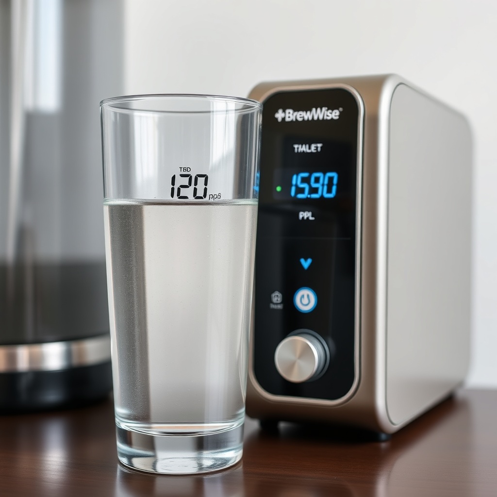 <clean photorealistic photo of a glass of water with TDS meter reading 120 ppm next to a B