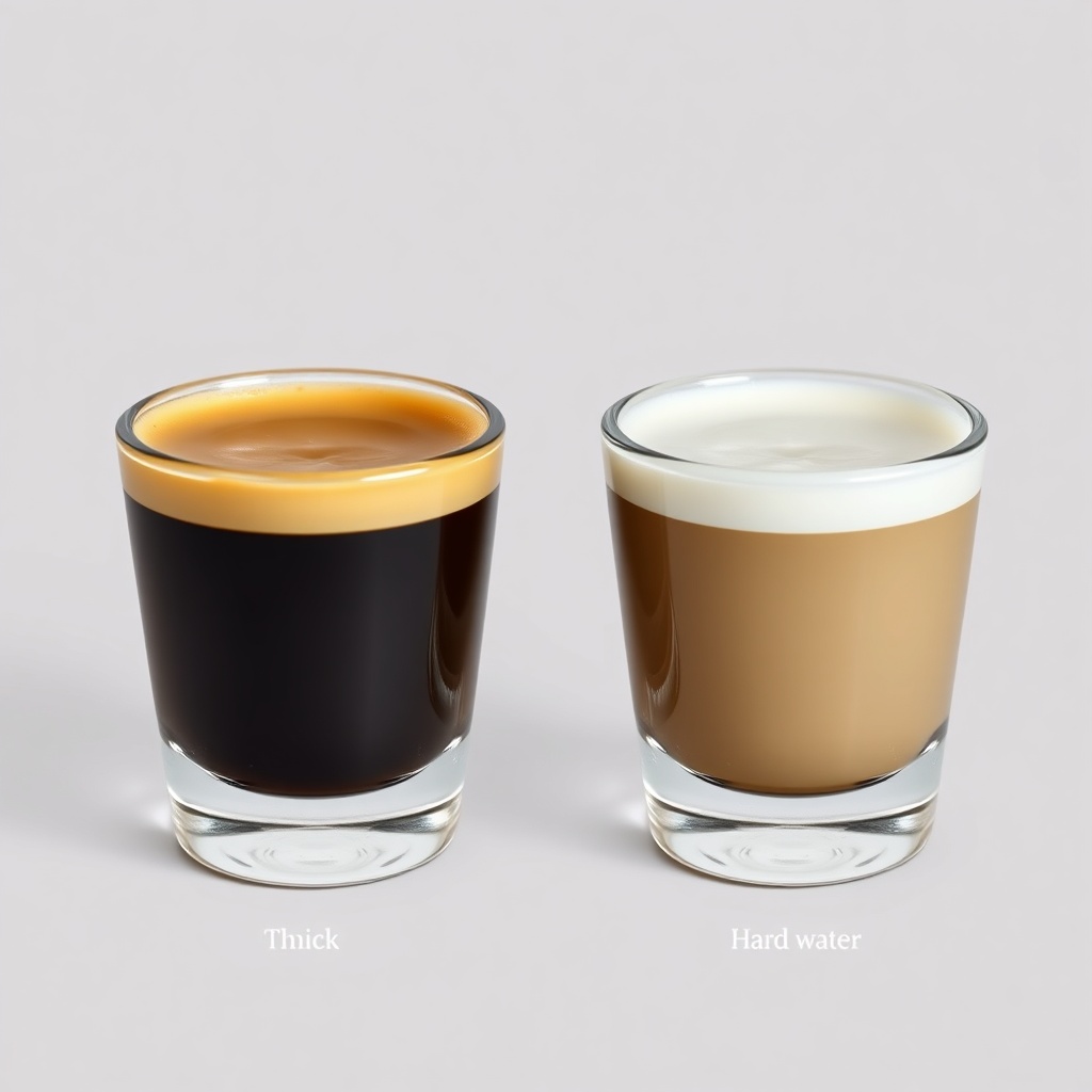 <clean photorealistic photo of two espresso shots side by side: one with thick crema (corr