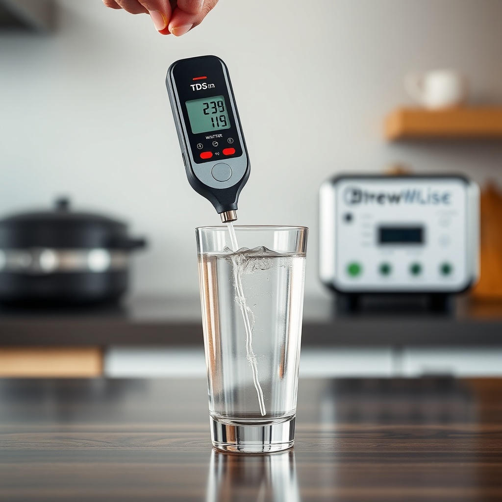 A photorealistic photo showing a digital TDS meter being dipped into a glass of clear tap