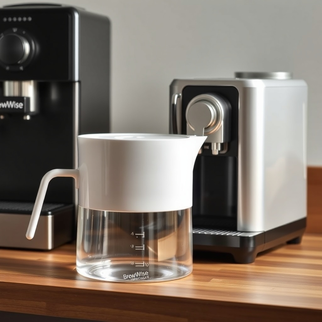 A photorealistic photo showing a white water filter pitcher next to a BrewWise Thermoblock