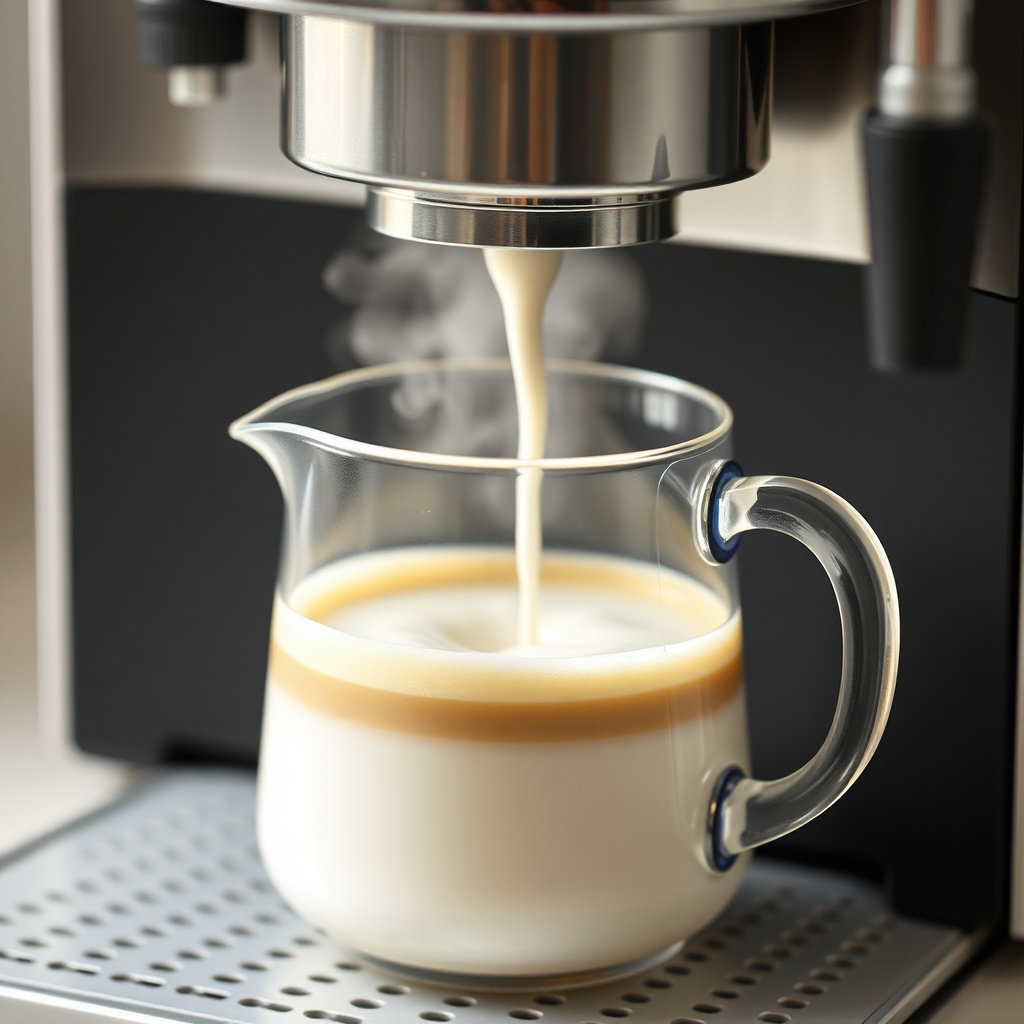 A close-up photorealistic photo of a BrewWise Thermoblock machine steaming a pitcher of mi