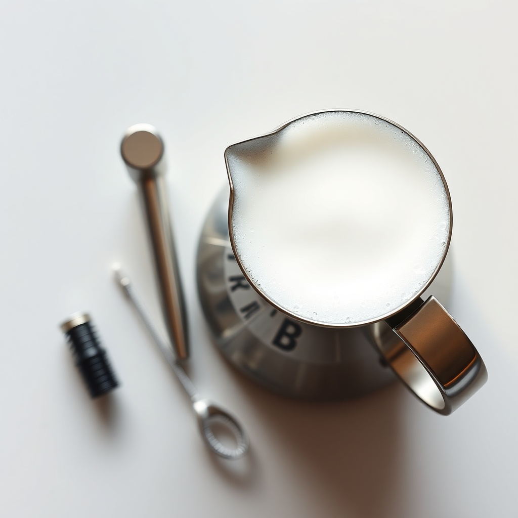 A photorealistic overhead shot of a stainless-steel milk pitcher with perfect microfoam ne