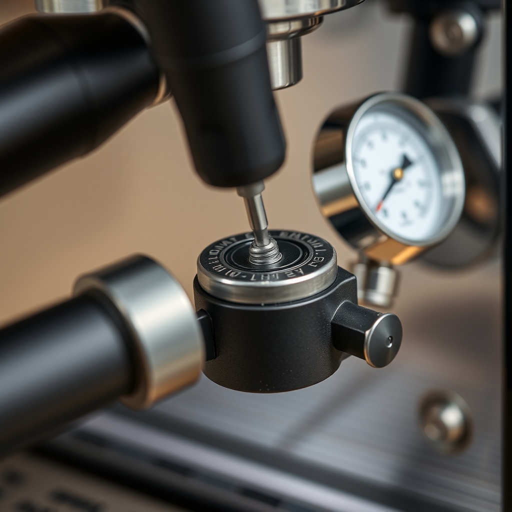 A photorealistic macro shot of a BrewWise Thermoblock pressurestat with a micro screwdrive