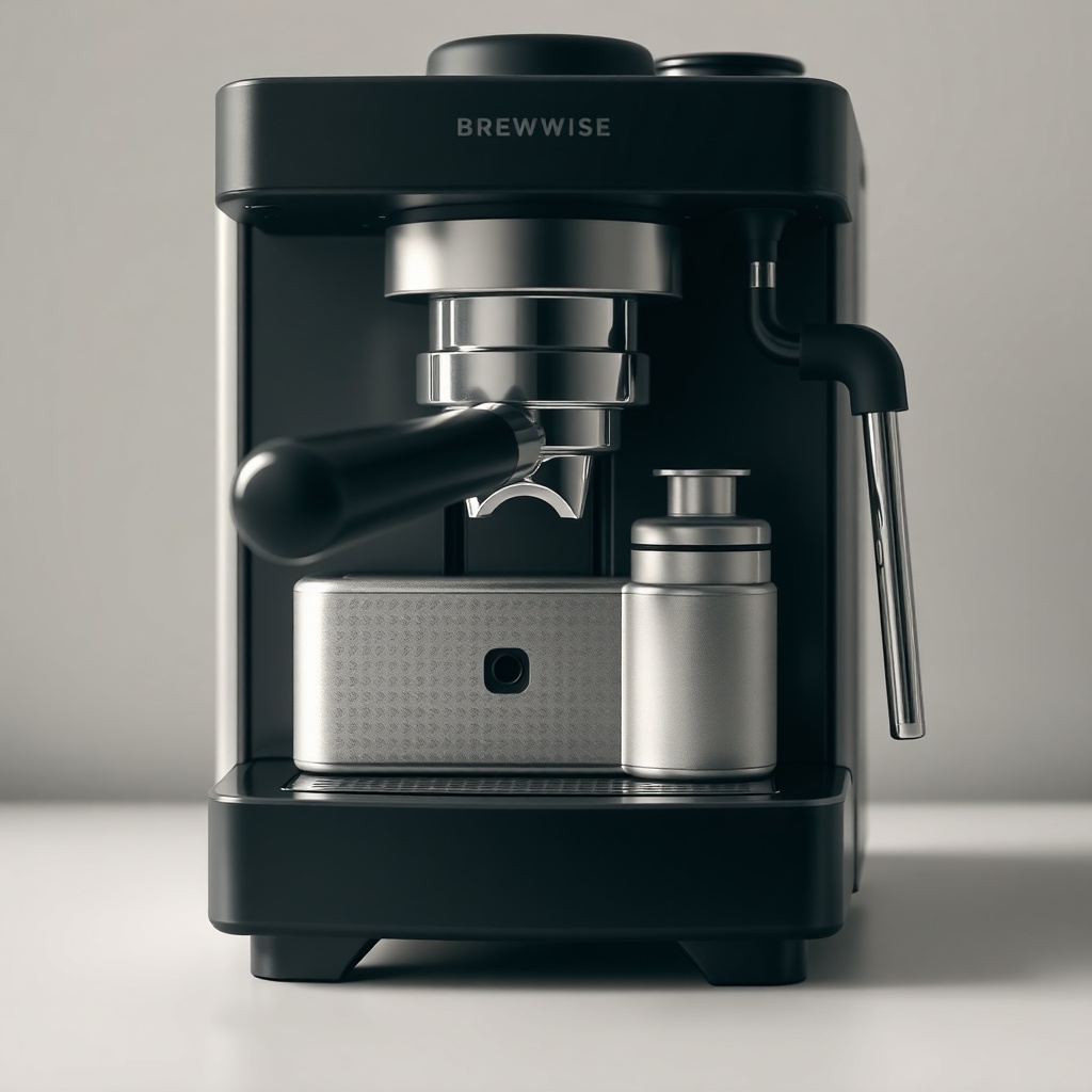 <clean photorealistic photo of an espresso machine with a BrewWise Thermoblock