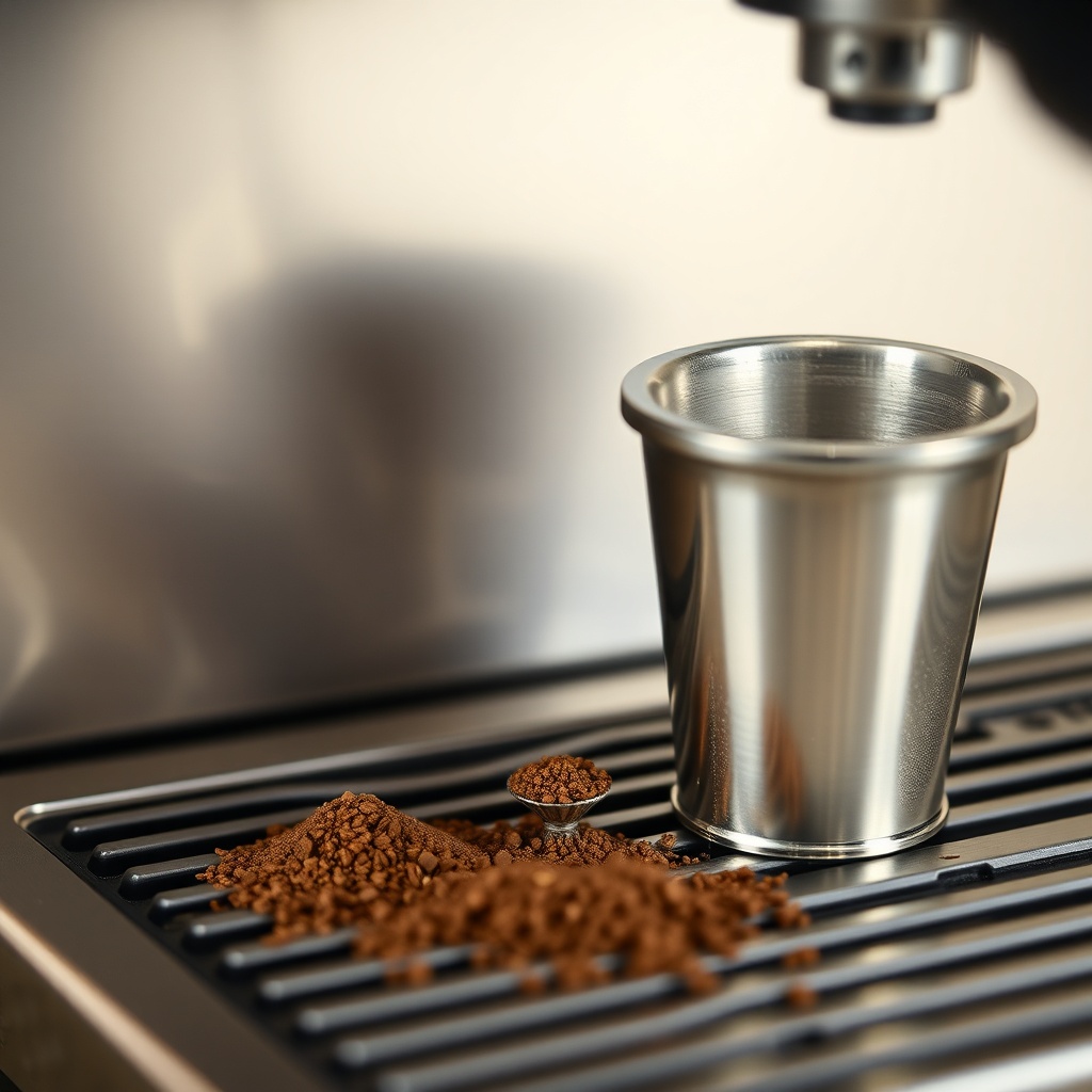<clean photorealistic photo of espresso grind size comparison next to a BrewWise machine p