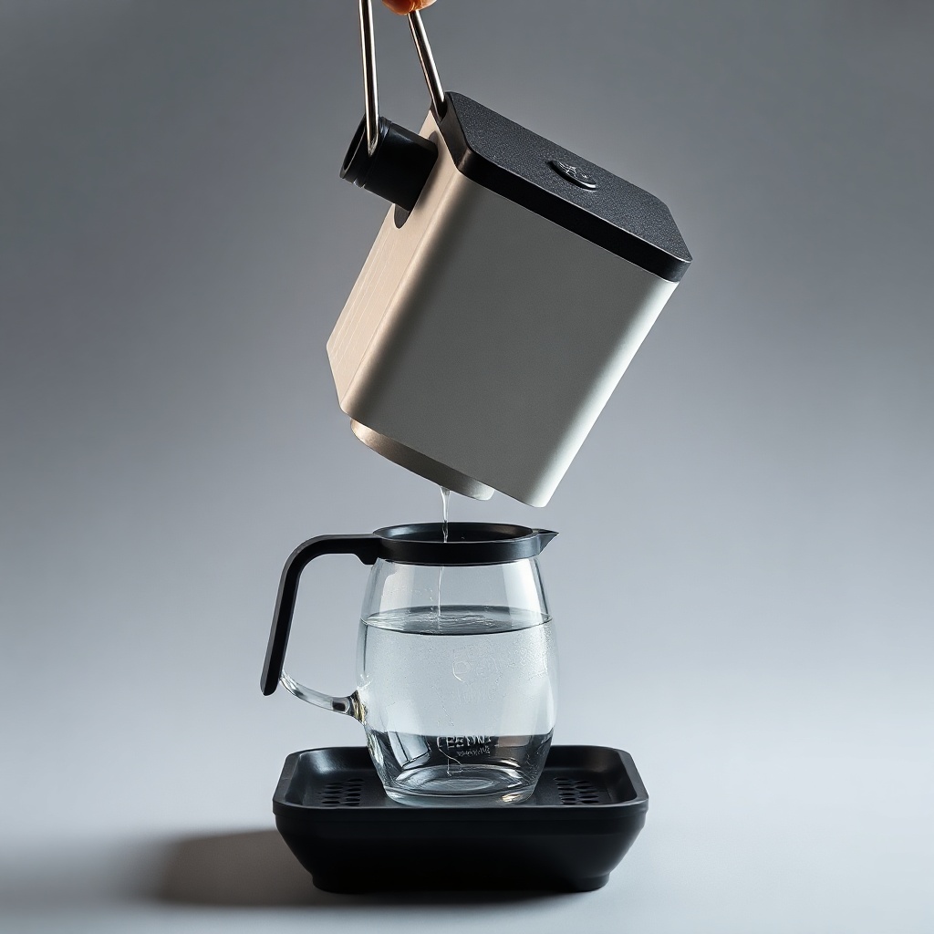 <photorealistic side-view photo of a BrewWise Thermoblock being tilted backwards on a drip