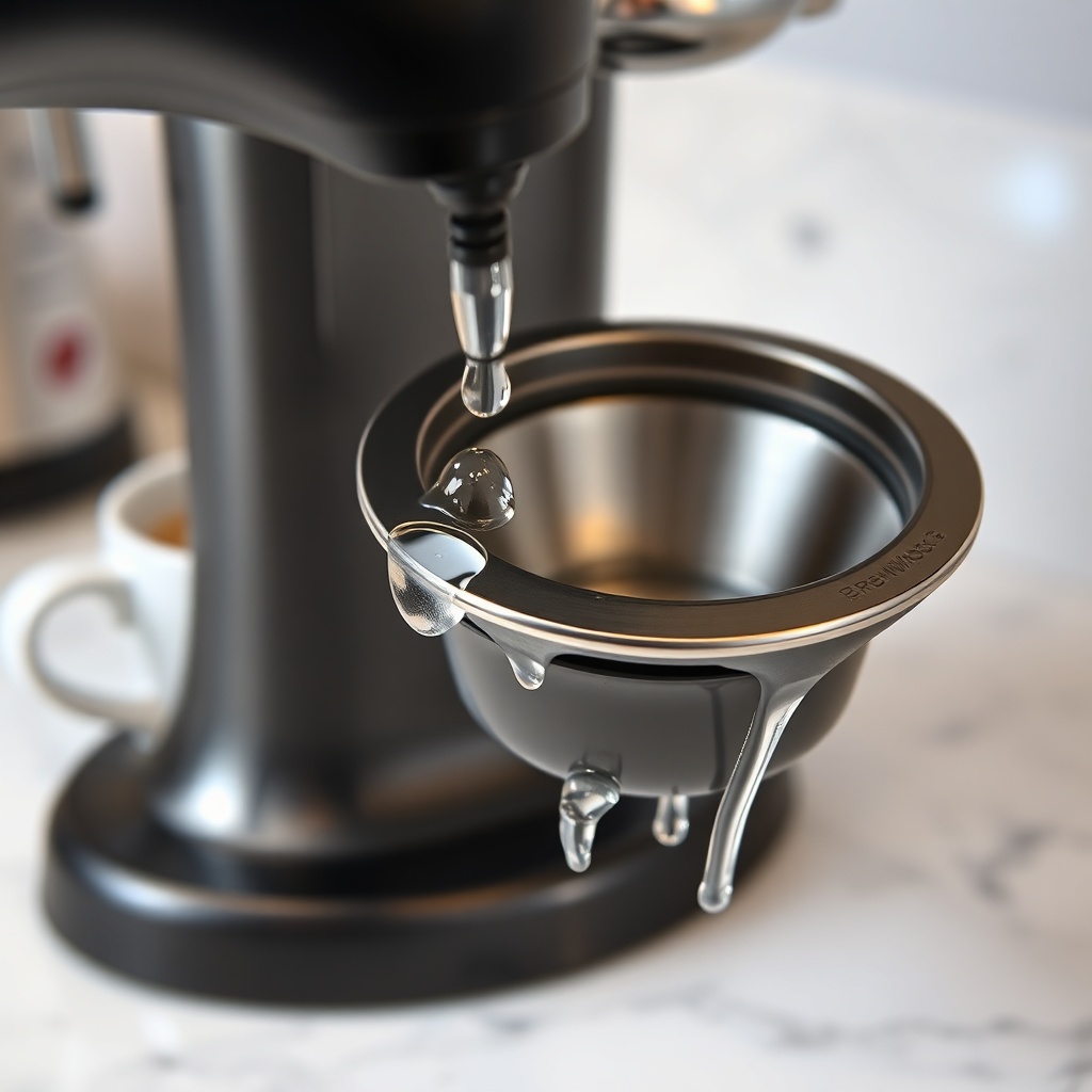 <a photorealistic close-up of a BrewWise Thermoblock portafilter with visible water drople