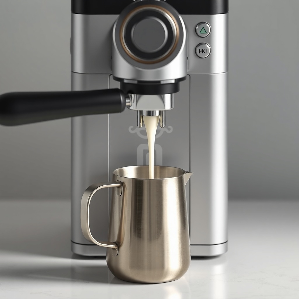 a photorealistic overhead photo of a BrewWise Thermoblock machine with steam wand extended