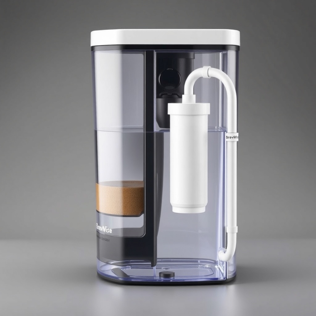 a photorealistic side view of a BrewWise Thermoblock with a clear water reservoir and a wh