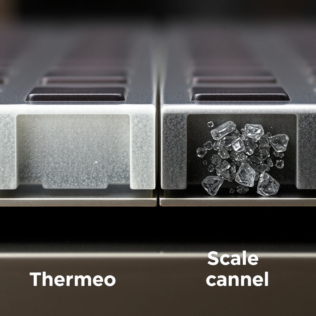 macro shot of a clean BrewWise Thermoblock heating channel versus a scaled channel