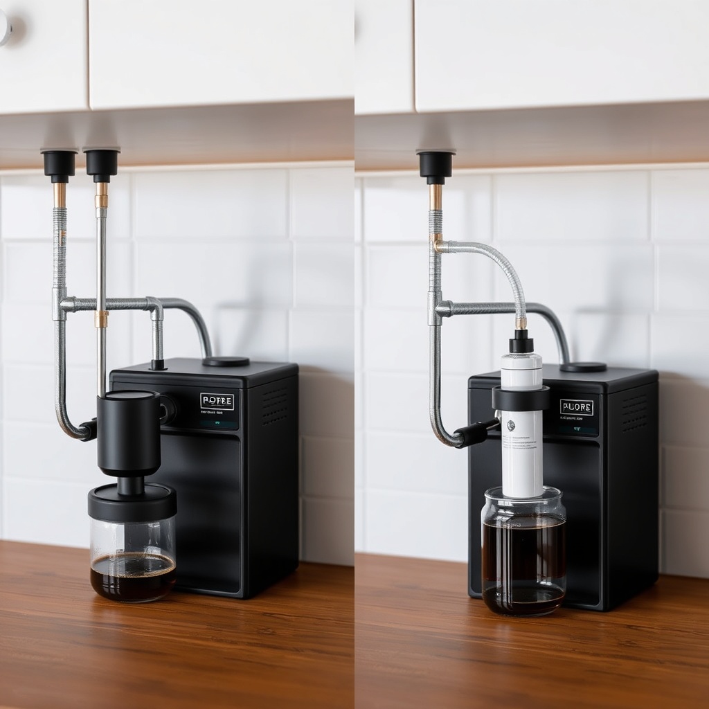 side-by-side photo of a BrewWise Thermoblock setup with an inline filter attached under a