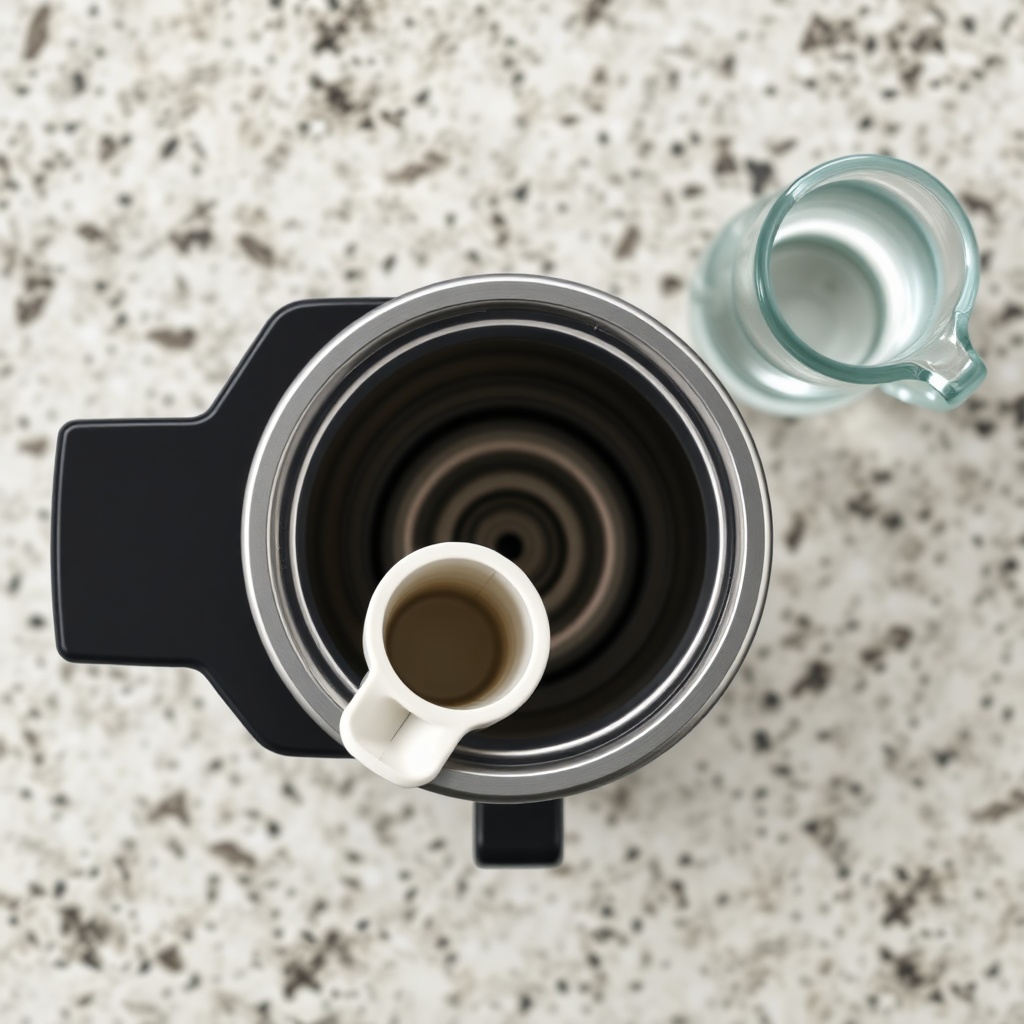 A photorealistic overhead view of a BrewWise Thermoblock coffee machine with its water res