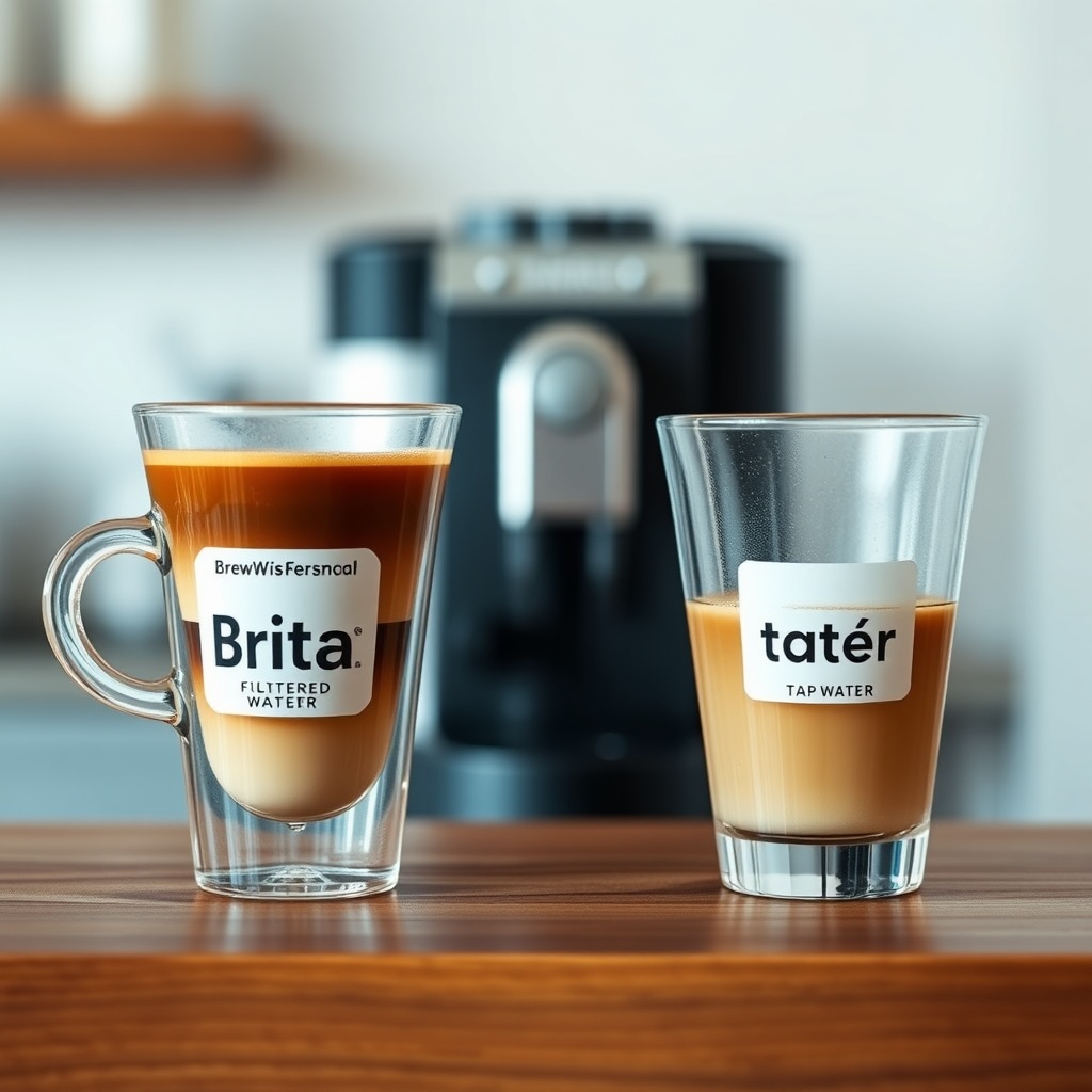 A photorealistic side‑by‑side comparison: a clear glass cup of espresso from a BrewWise Th