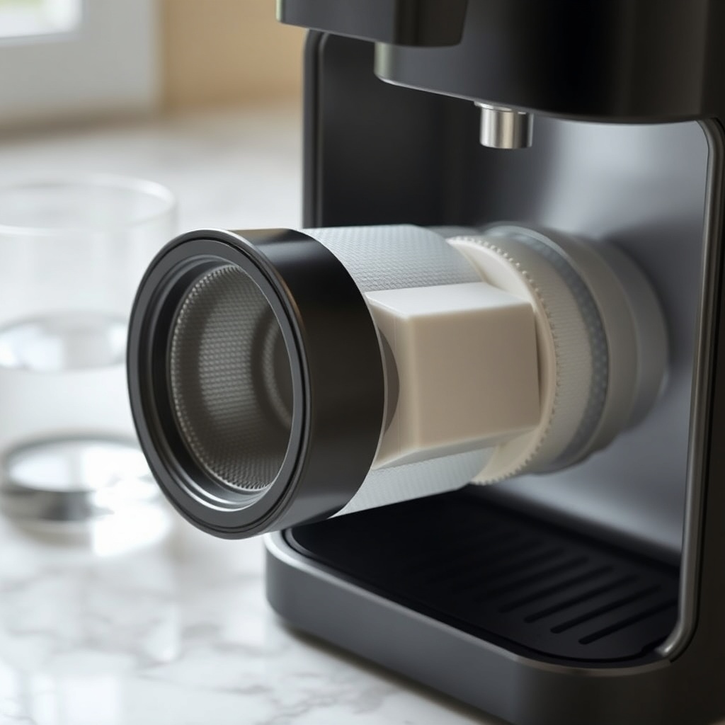 <Clean photorealistic photo of the BrewWise Thermoblock’s built-in water filtration cartri