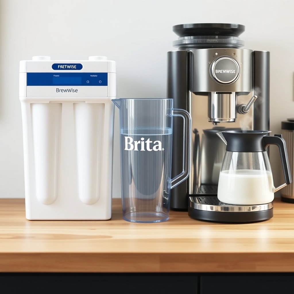<Clean photorealistic photo of three water filtration systems (built-in BrewWise