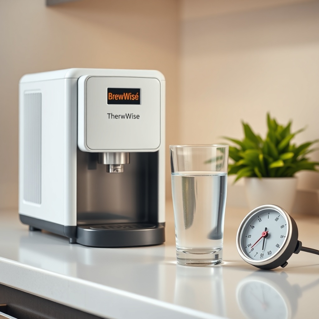 A clean photorealistic photo of a BrewWise Thermoblock machine next to a glass of clear wa