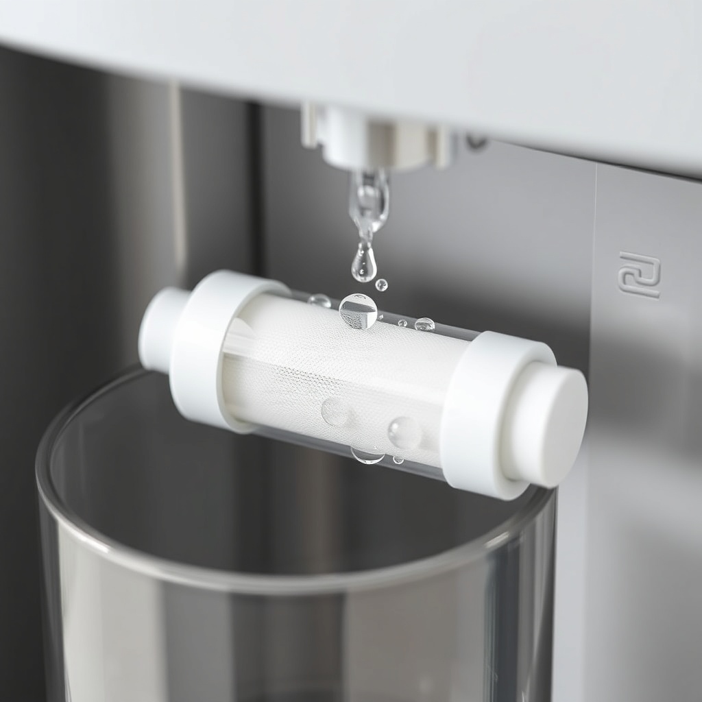 A photorealistic close-up of the BrewWise Thermoblock’s water filter cartridge being inser