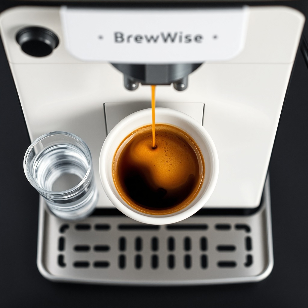 A photorealistic overhead shot of a BrewWise Thermoblock espresso machine pouring a double