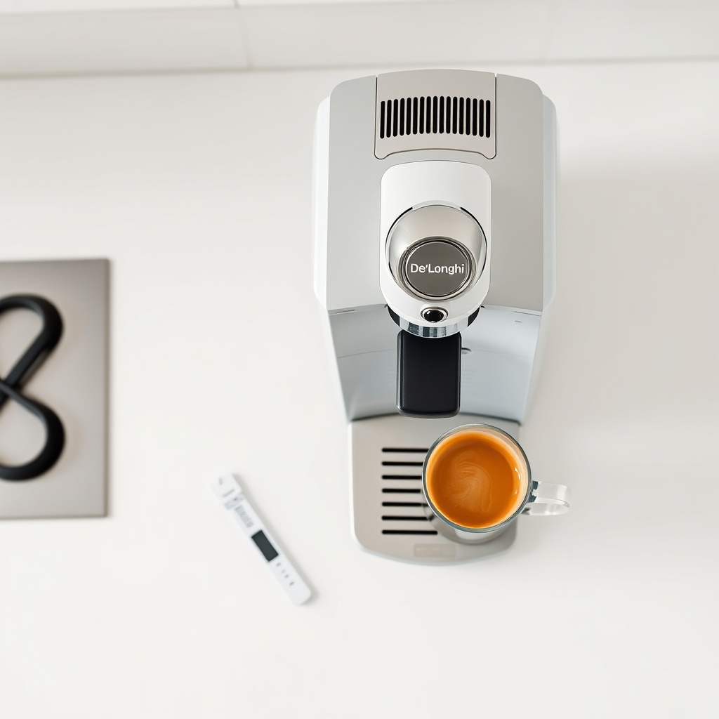 A clean photorealistic overhead shot of a De'Longhi Magnifica S on a white kitchen counter