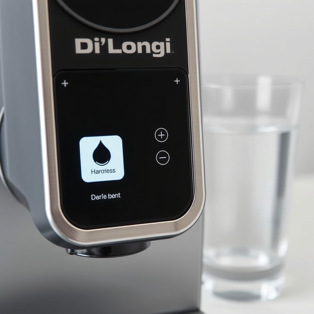 A photorealistic close-up of a De'Longhi Magnifica S control panel showing the water hardn